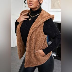 SHEIN SXY Solid Teddy Hooded Slant Pocket Vest - Camel